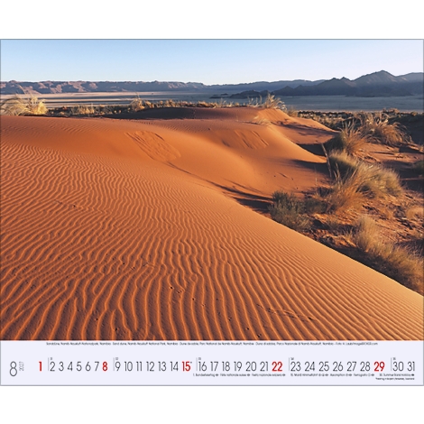 Paysage désertique aux couleurs chaudes et texturé. Montagnes en arrière-plan, calendrier au premier plan.
