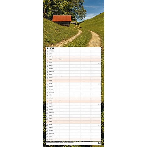 Un calendrier avec une toile de fond de paysage de montagne et un chemin. Le calendrier montre juillet 2017.