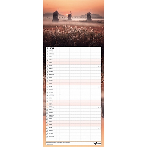 Calendrier avec un panorama de moulins à vent à l'aube. Le calendrier est daté de septembre 2017.