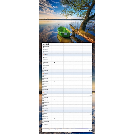 Calendrier mensuel d'avril 2023 avec image de lac et de nature.