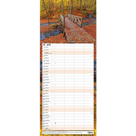 Un calendrier avec un paysage d'automne avec un pont et des feuilles. Texte : Cafélés.