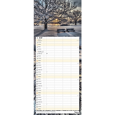 Calendrier mensuel avec paysage hivernal. En haut : arbres givrés, en dessous bancs et date. En bas : tableaux vides pour les notes.