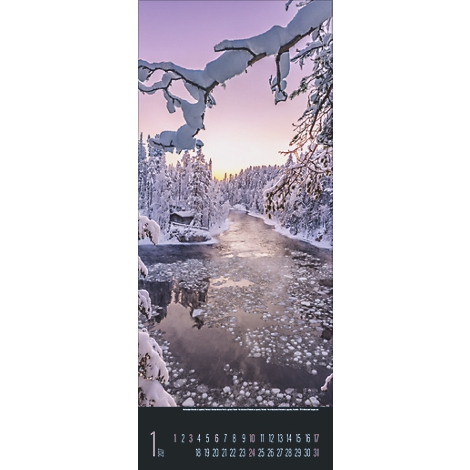 Paysage d'hiver avec arbres enneigés, rivière et ciel. Branche en surplomb, en dessous calendrier avec janvier. Ambiance du soir.
