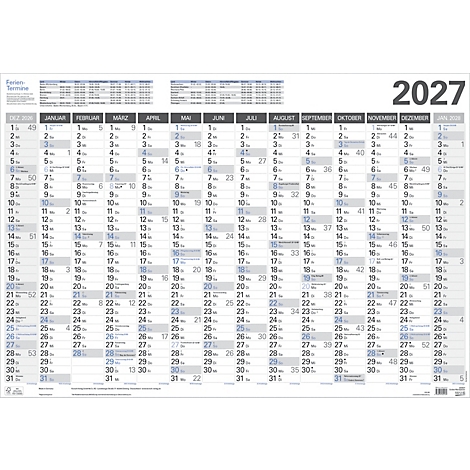 Un calendrier annuel 2027 sous forme de tableau, indiquant les mois et les jours.