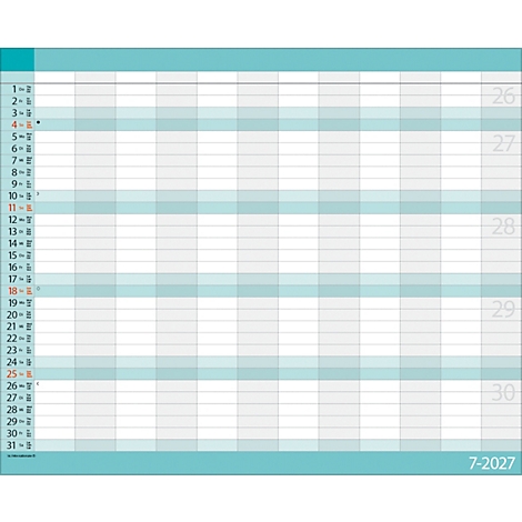 Calendrier mensuel en bleu et blanc avec des dates. L'aperçu mensuel est divisé en champs.
