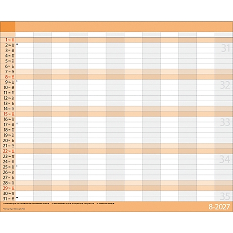 Calendrier mensuel d'août 2027 avec des jours numérotés, des lignes horizontales orange clair et des cellules grises.