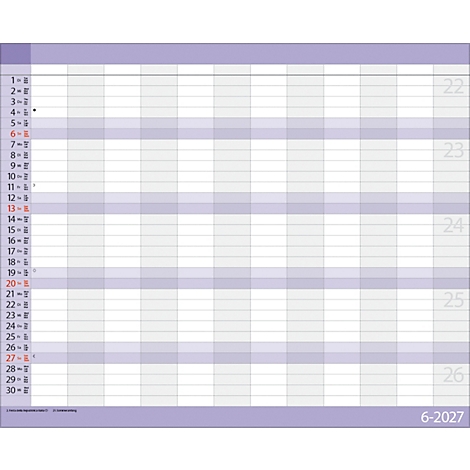 Calendrier mensuel de juin 2027 avec jours numérotés, champs gris clair et bordure violette.