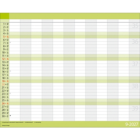 Calendrier mensuel de septembre 2027 avec des jours numérotés, des lignes vert clair et des champs gris-blanc.