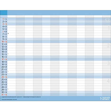 Une grille vide bleu et blanc, conçue comme un planificateur annuel ou un calendrier mensuel pour l'année 2027. Les chiffres 1 à 31 sont visibles sur le côté gauche.