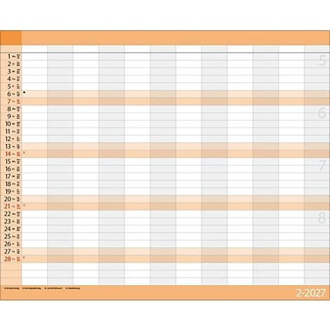 Calendrier hebdomadaire en orange et blanc. Les chiffres et les lignes structurent la feuille. Les mois sont indiqués à droite.