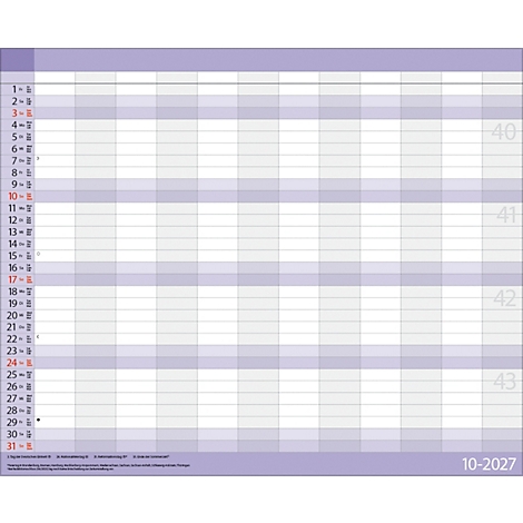 Un planificateur hebdomadaire en nuances de gris et de violet, avec des jours numérotés, des colonnes et l'année 2027.