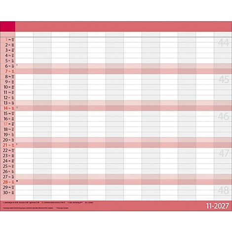 Un planificateur hebdomadaire avec des colonnes grises et des lignes roses. Les numéros d'année 11-2027 sont en bas.