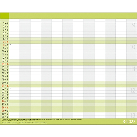 Planificateur mensuel 3-2027 avec des accents verts, des champs gris pour les colonnes de dates, des chiffres de 1 à 31 et des colonnes vides pour les notes.