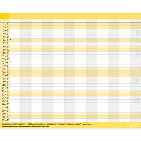 Planificateur hebdomadaire jaune et gris, daté de mai 2027. Colonnes verticales pour les jours, lignes horizontales pour les rendez-vous.