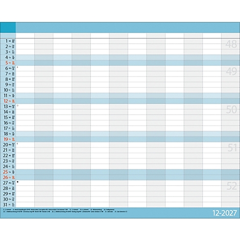 Planificateur annuel bleu et gris, format tableau. La colonne de gauche affiche les jours 1 à 31. En bas à droite : 12-2027.