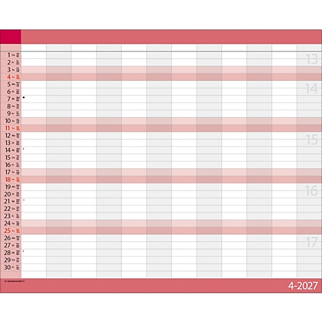 Un calendrier rouge avec des champs gris, divisé en jours et en semaines. Les semaines du calendrier sont sur le bord droit, l'année 4-2027 en bas.