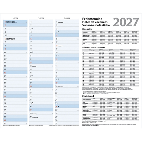 Calendrier 2027 avec les dates de vacances pour l'Autriche, la Suisse et l'Allemagne.