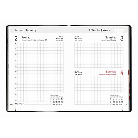 Page ouverte d'un calendrier, 2 janvier, 1ère semaine, 2022. Champs rectangulaires pour les notes, vue du calendrier de janvier et février.