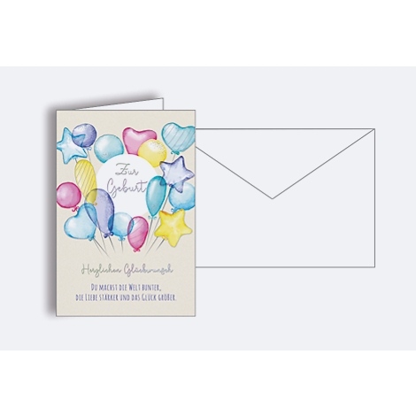 Carte d'anniversaire avec des ballons colorés et l'inscription "Joyeux anniversaire". À côté, une enveloppe blanche.