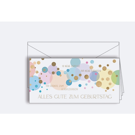 Carte d'anniversaire avec des cercles colorés et l'inscription 'Alles Gute zum Geburtstag'. Plus une enveloppe blanche.