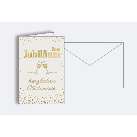 Une carte de vœux avec "Zum Jubiläum" et "Herzlichen Glückwunsch" en or. Deux verres de champagne et une décoration scintillante. Une enveloppe blanche se trouve à côté.