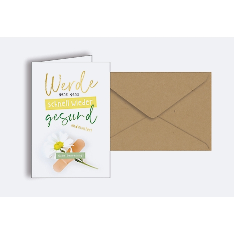 Carte de prompt rétablissement avec texte et une fleur avec un pansement à côté d'une enveloppe.