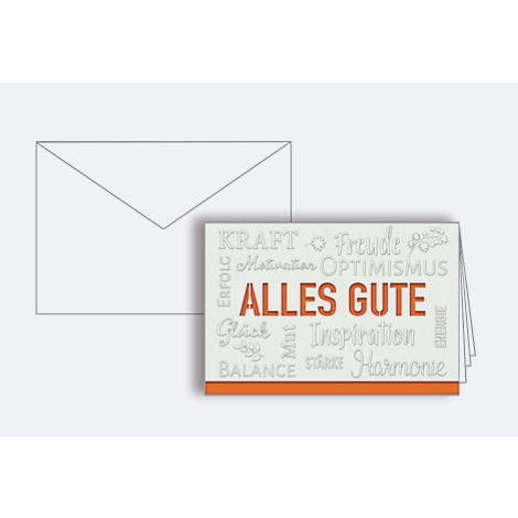 Carte avec l'inscription 'ALLES GUTE'. Des mots comme bonheur, inspiration et harmonie entourent le texte.
