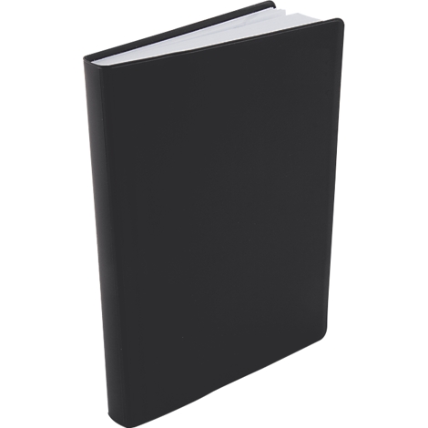 A black book stands slightly angled. The pages are white.