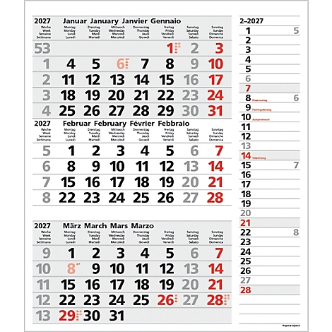 Un calendrier mural pour 2027 présentant les mois de janvier, février et mars. Les jours sont disposés en tableaux, avec des dates en surbrillance en couleur.