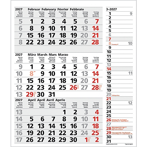 Calendrier avec les mois de février, mars et avril 2027. Les chiffres rouges indiquent les jours fériés.