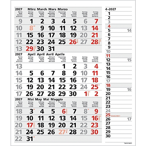 Calendrier mensuel pour mars, avril et mai 2027. Les chiffres sont imprimés en noir et rouge.