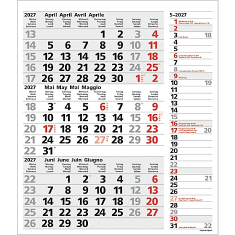 Calendrier avec les mois d'avril, mai et juin 2027. Les chiffres rouges indiquent les jours fériés.