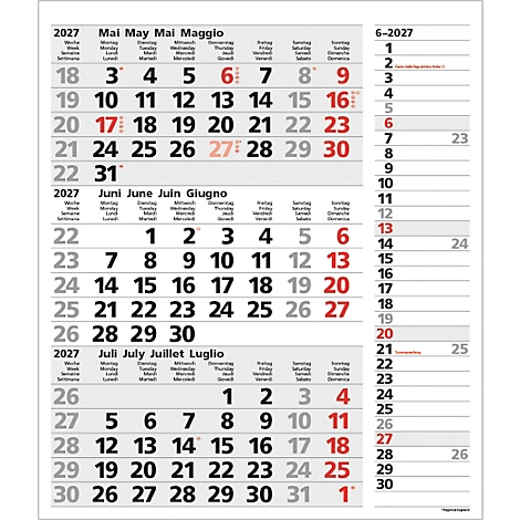 Calendrier de mai, juin et juillet 2027 avec des marquages colorés.