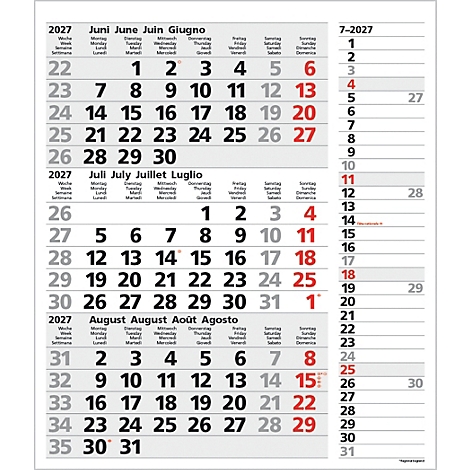 Calendrier des mois de juin, juillet et août 2027, en plusieurs langues. Les chiffres rouges mettent en évidence les dates importantes.