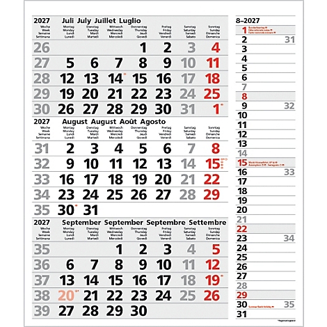 Un calendrier mural trilingue indiquant les dates de juillet à septembre 2027.