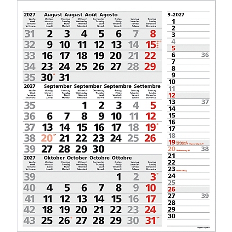 Calendrier d'août, septembre et octobre 2027 en allemand, français, italien et anglais.