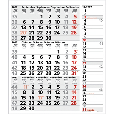 Un calendrier de trois mois pour septembre, octobre et novembre 2027. Les week-ends sont en rouge.