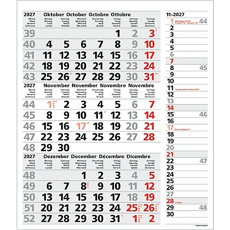 Calendrier pour octobre, novembre et décembre 2027 avec des dates en surbrillance.