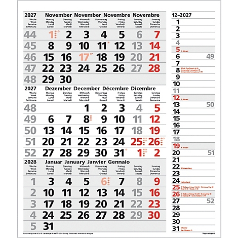 Calendrier avec novembre et décembre 2027 et janvier 2028. Les chiffres rouges indiquent les jours fériés.
