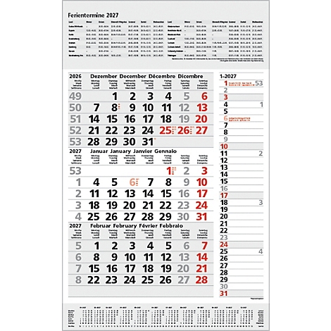 Calendrier 2027 avec jours fériés. Les mois sont indiqués en allemand, anglais, français et italien. Les chiffres rouges indiquent les jours fériés.