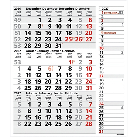 Un calendrier annuel détaillé affichant les mois et les jours en plusieurs langues.