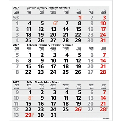 Un calendrier mural trimestriel pour 2027 affichant janvier, février et mars. Les jours sont dans des cases gris clair avec le texte en rouge mis en évidence.