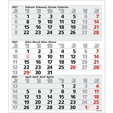 Un calendrier pour 2027 montrant les mois de février, mars et avril. Les jours sont indiqués en plusieurs langues.