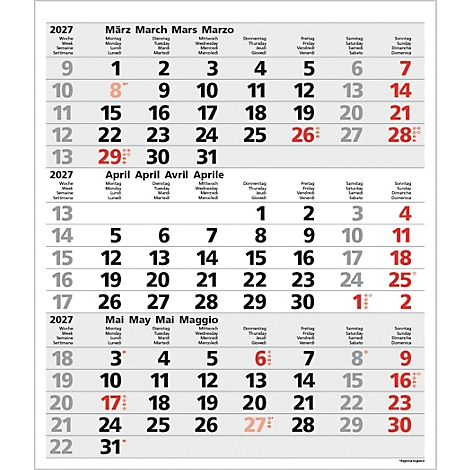 Calendrier indiquant les mois de mars, avril et mai 2027. Les jours sont indiqués en allemand, anglais, français et italien.