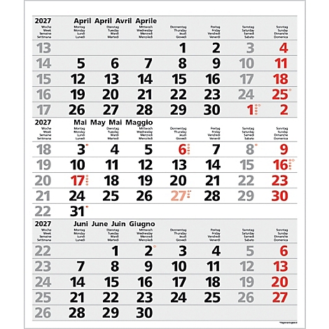Calendrier 2027 avec les mois d'avril, mai et juin. Dates en format tableau, certaines en rouge.
