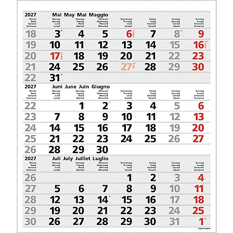 Un calendrier mural trilingue pour 2027 montrant mai, juin et juillet. Les jours sont en rose pâle et gris.