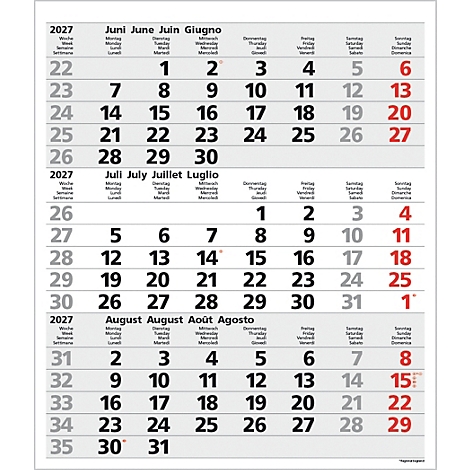 Calendrier de juin, juillet et août 2027. Comprend les dates et les jours de la semaine.
