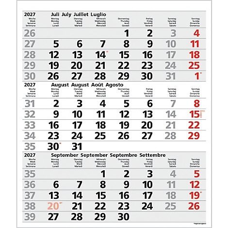 Calendrier 2027, affichant juillet, août et septembre. Les dates sont étiquetées en plusieurs langues.