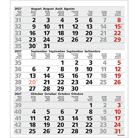 Calendrier pour août, septembre et octobre 2027 en allemand, anglais, français et italien.