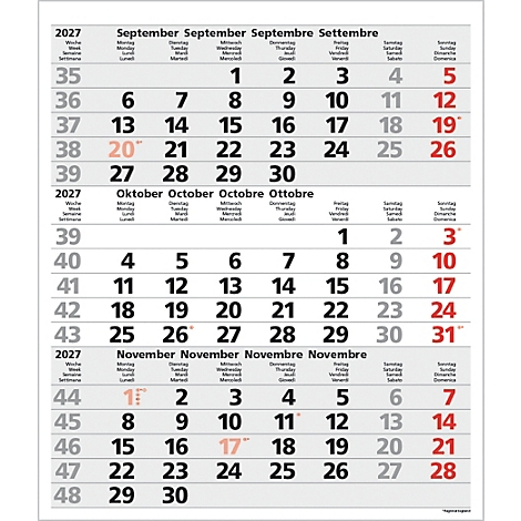 Calendrier 2027 avec septembre, octobre et novembre, avec numéros de semaine et dates.